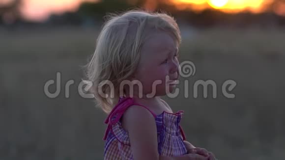哭的孩子日落时在草地上的孩子孩子们哭视频的预览图