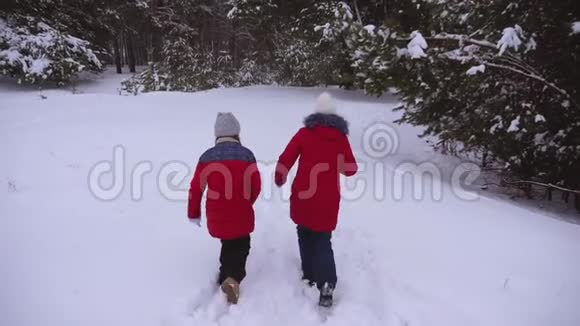 十几岁的女孩在松冬雪地公园里穿过雪堆孩子们在冬天玩追赶圣诞节假期视频的预览图