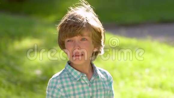 白种人金发小男孩哭着看着镜头流泪的肖像孩子在夏天公园哭视频的预览图