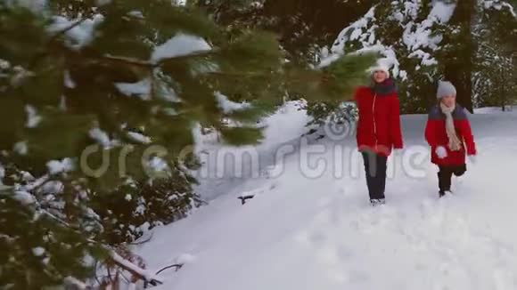 十几岁的女孩在松冬雪地公园里快乐地奔跑笑孩子们在冬天玩追赶圣诞节假期儿童视频的预览图