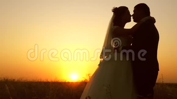 快乐的新娘和新郎在灿烂的阳光下拥抱和亲吻新婚夫妇互相拥抱站在战场上对抗视频的预览图
