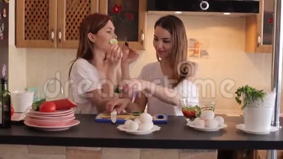 两个女朋友正在玩准备一份蔬菜沙拉视频的预览图