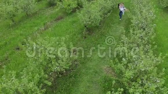 无人机拍摄的一对情侣在绿苹果园约会视频的预览图