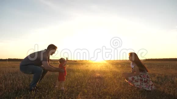 小女儿在阳光下从爸爸变成妈妈快乐的年轻家庭带着孩子在夏天的田野上散步健康的母亲视频的预览图