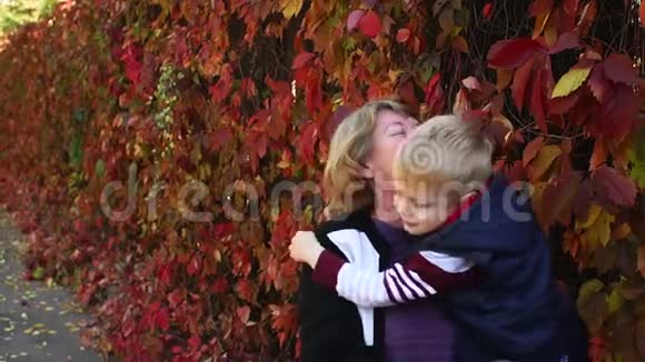 快乐的奶奶抱着小孙子在秋天的公园散步视频的预览图