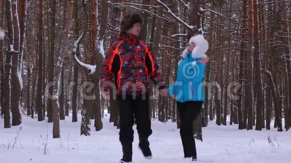 爱的夫妇在冬天的雪林里散步笑冬天男人和女人一起在公园里度过时光圣诞节视频的预览图