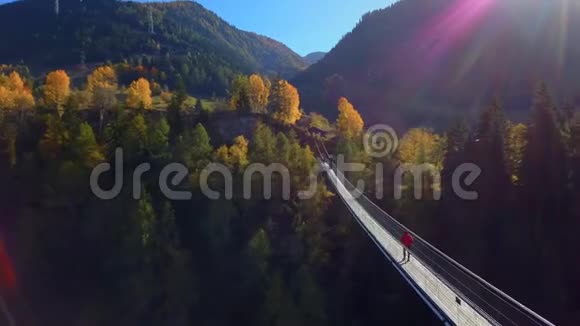 人走在挂绳河桥上森林视频的预览图