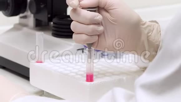 试管特写医疗设备一位科学家在实验室使用微型吸管的特写镜头注射视频的预览图