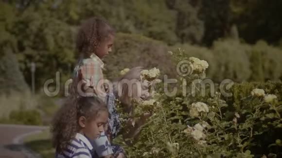 快乐的母亲和孩子们在花园里闻花视频的预览图