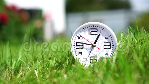 绿色草坪上的白色时钟显示1247视频的预览图