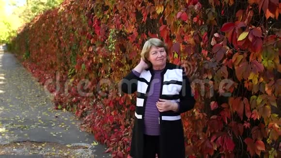 秋天公园里一位老妇人靠在红树上的肖像4K视频的预览图