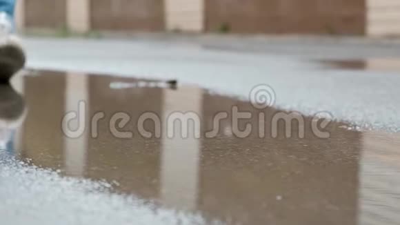 穿牛仔裤和运动鞋的女性腿部特写在雨天穿过水坑视频的预览图