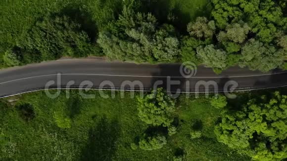 绿色森林中的道路空中镜头几辆汽车在高速公路上行驶汽车在绿色的柏油路上行驶视频的预览图