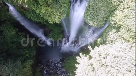 热带丛林中的瀑布水落到70米深从无人机看到瀑布的正面视频的预览图