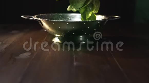 厨师摇着一堆生的绿色新鲜菠菜水滴从里面掉下来成熟的绿色蔬菜烹饪蔬菜视频的预览图