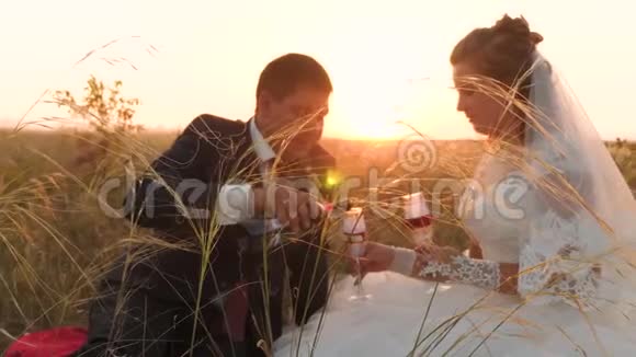 新娘和新郎被倒入香槟杯中坐在草地小穗在日落恋爱中的浪漫夜晚视频的预览图