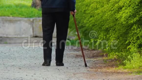 公园里小巷里一个拿着魔杖的老人的剪影一个拿着拐杖的退休老人的身影打赌视频的预览图