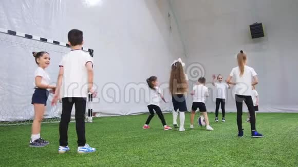 室内足球场小孩子玩躲避球背面视频的预览图