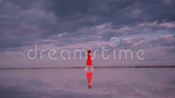 旅游女孩正沿着一个反映云层的盐湖散步视频的预览图