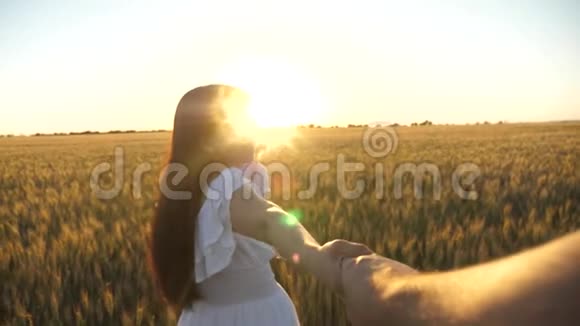快乐的妈妈孩子和爸爸牵着手跑慢动作一家人牵着手穿过田野美丽美丽视频的预览图