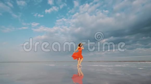 一个年轻女子穿着飘舞的裙子的肖像女孩旅行者走在粉红色的盐湖视频的预览图