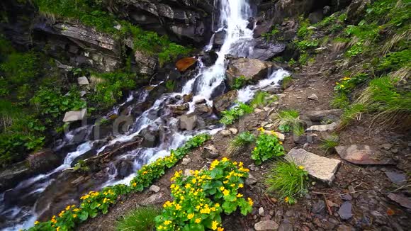 高山瀑布巨大瀑布在山上流动的景色视频的预览图