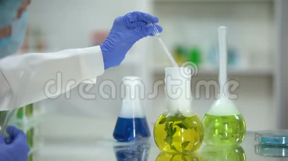 从植物瓶中抽取有机液体样品的化验师视频的预览图