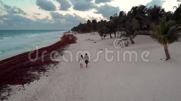 一对幸福相爱的夫妇牵着手走在墨西哥图卢姆的热带海滩上视频的预览图