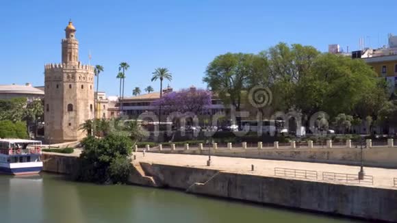 塞维利亚城景盘射击托雷德尔奥罗和瓜达尔奎维尔河安达西班牙视频的预览图