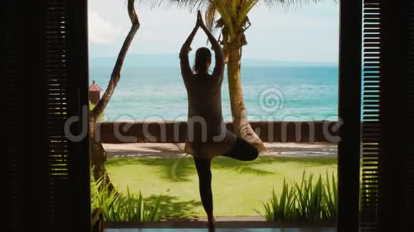 女人的剪影在树上练习瑜伽冥想在海滩上伸展双手美丽的景色自然的声音视频的预览图