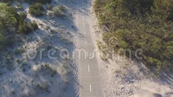 从空中俯瞰沙丘上的木路视频的预览图