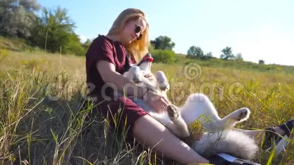 一个金发少女坐在草地上抚摸着西伯利亚的哈士奇戴墨镜的美女视频的预览图