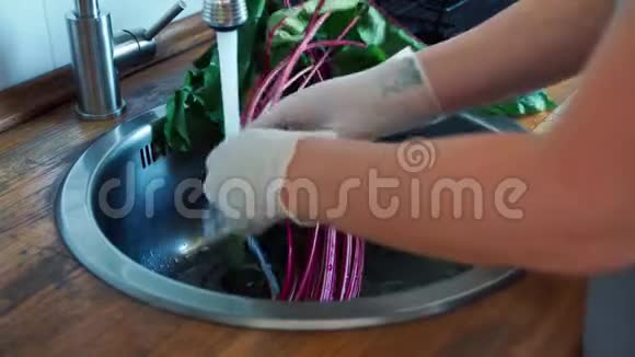女手戴手套在厨房水槽里洗甜菜根视频的预览图