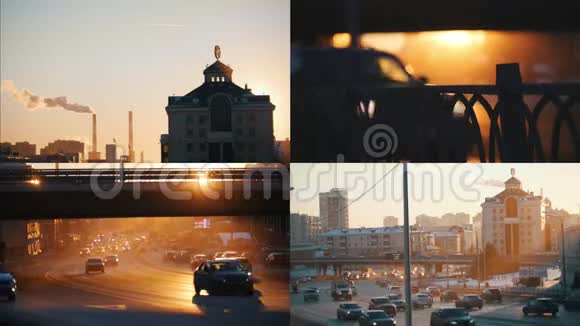 4乘1汽车在日落的道路上行驶视频的预览图