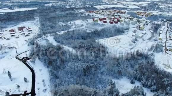 在寒冷的天气飞行期间鸟瞰冬季林地背景是一个小镇动作的观点视频的预览图