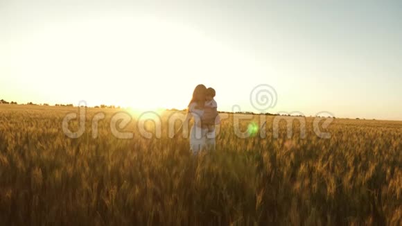 宝贝抱着妈妈在田里玩着带着麦子笑着幸福的女儿和她妈妈走过视频的预览图
