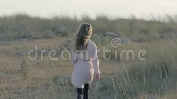 孤独而怨恨的小女孩手里拿着一个毛绒玩具在日落时分离开了田野视频的预览图
