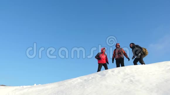 阿拉斯加的旅行者来到雪山的山顶为战胜冬日的日落而欢欣鼓舞人的团队工作视频的预览图