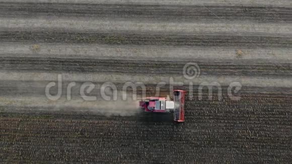 收割机在田间工作从无人机联合收割机农业机器的顶部可以看到视频的预览图