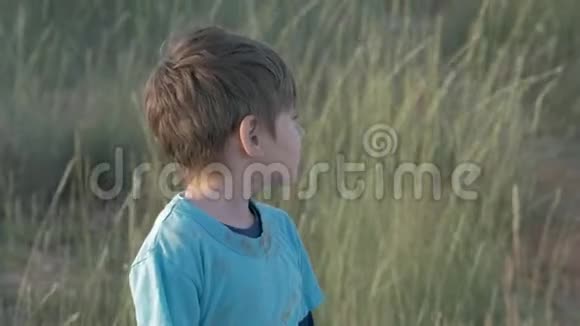 无家可归的孩子独自呆在田里一个穿着脏衣服的可爱悲伤的男孩一张难民肖像上的孤儿脸上的悲伤视频的预览图