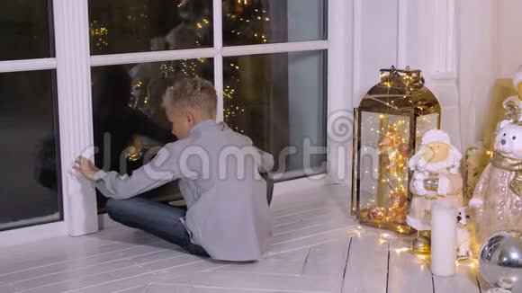 圣诞前夜男孩坐在窗边在客厅里等圣诞老人视频的预览图