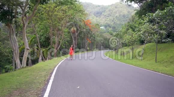 美丽的热带雨林带着一位年轻的女旅行者在进入泰国森林的路上女性在雨林中行走视频的预览图