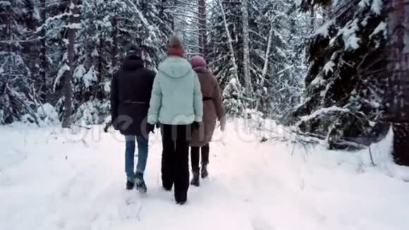 朋友与朋友交流在森林中漫步视频的预览图