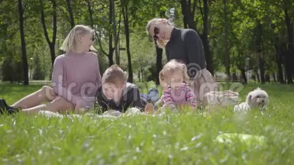 肖像年轻家庭户外娱乐两位美丽的年轻母亲和他们的孩子在公园野餐一个男孩视频的预览图