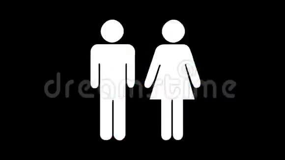 一对男女夫妇在黑色背景上的白色象形图在无缝环中五颜六色的故障效应视频的预览图