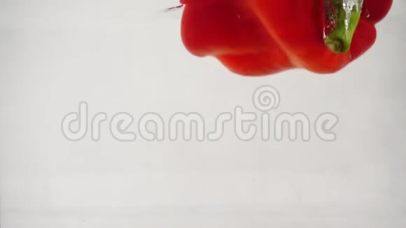 一个新鲜的红铃状甜辣椒掉进水中右边有飞溅和气泡视频的预览图