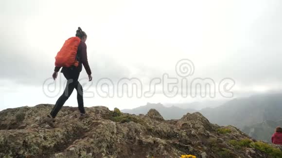 年轻女子在高山上的仙人掌中行走在美丽的景色中登上山顶的女士视频的预览图