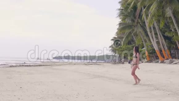 穿着泳衣的年轻女孩在绿色棕榈树景观上的夏日海滩上散步穿比基尼的热带海滩夏日女郎视频的预览图