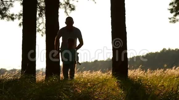 日落时分一对年轻的父子穿过森林的剪影两个旅行者幸福的家庭视频的预览图