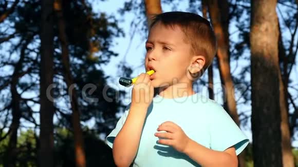 森林里的一个孩子吹口哨节日哨子日落时一个男孩在公园里玩耍视频的预览图
